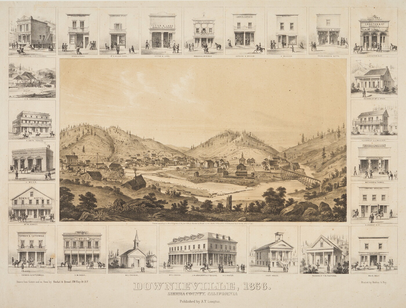 Detailed 1856 lithograph of Downieville surrounded by business and residence vignettes