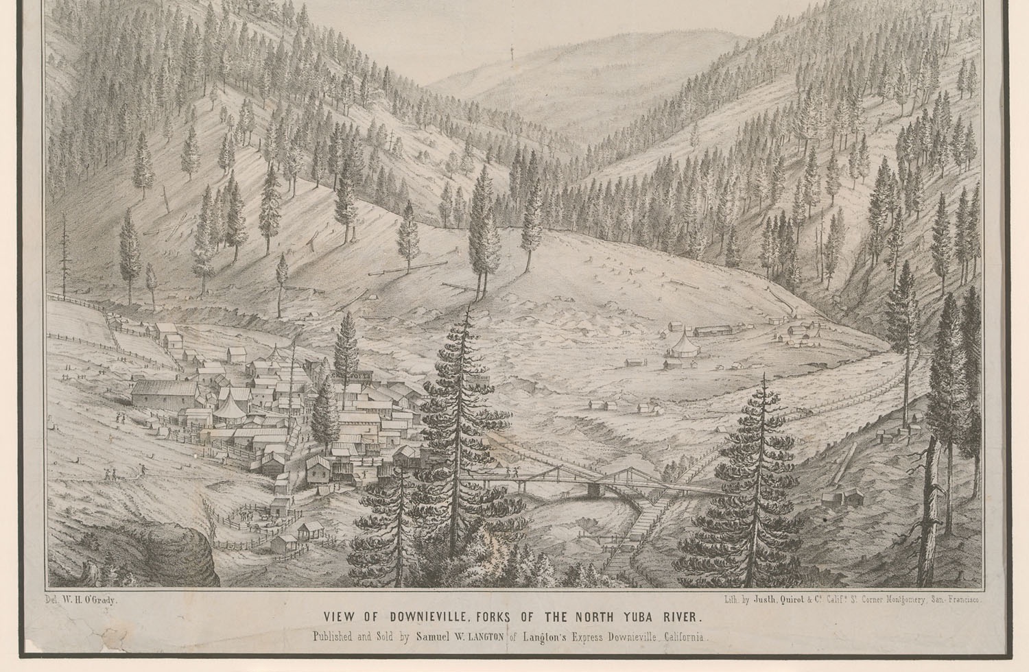 Nineteenth-century lithograph of Downieville in the North Yuba River canyon