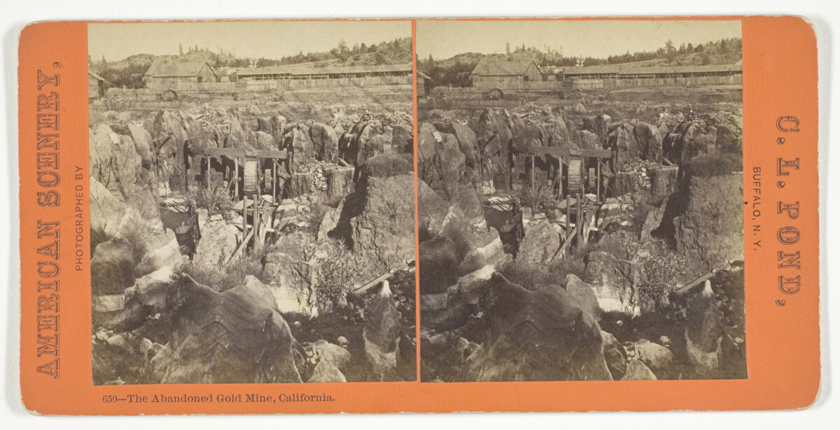 Sepia stereograph of a small abandoned mine structure