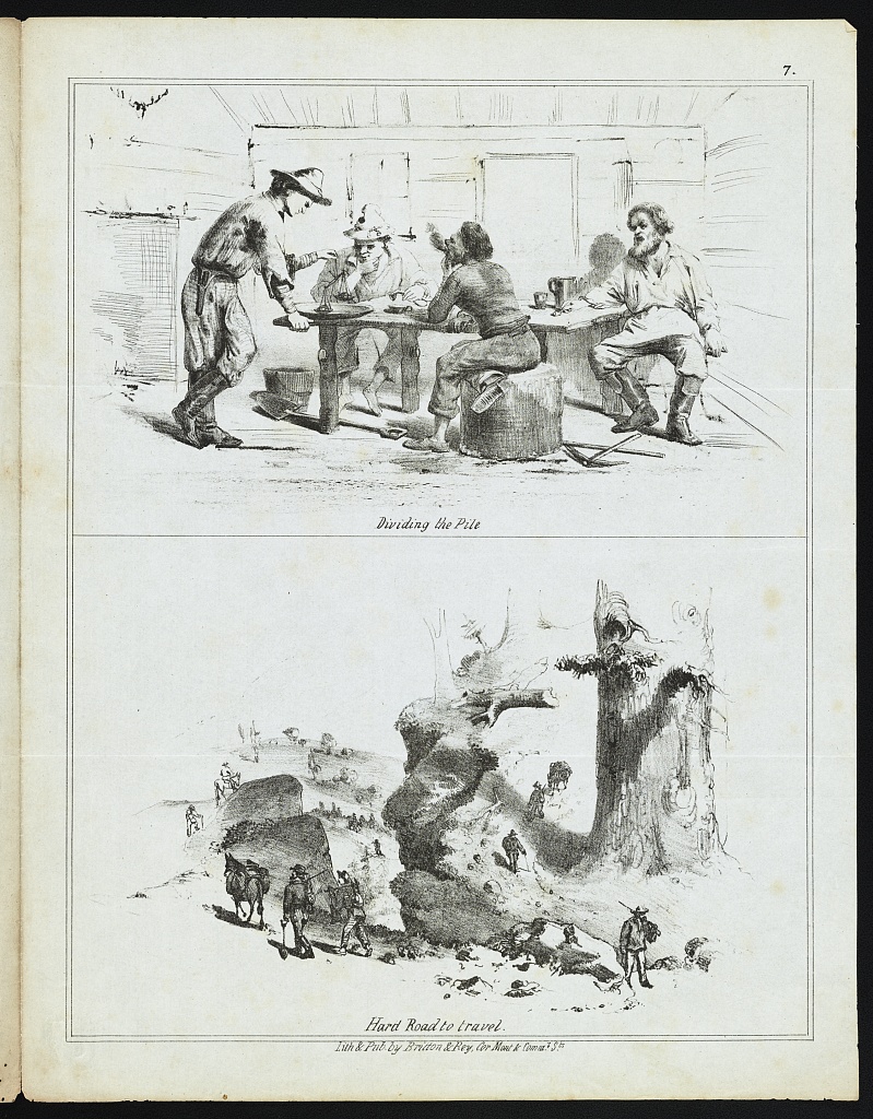 Pictorial lettersheet pairing a gold weigh-in with travelers hauling gear over rough ground