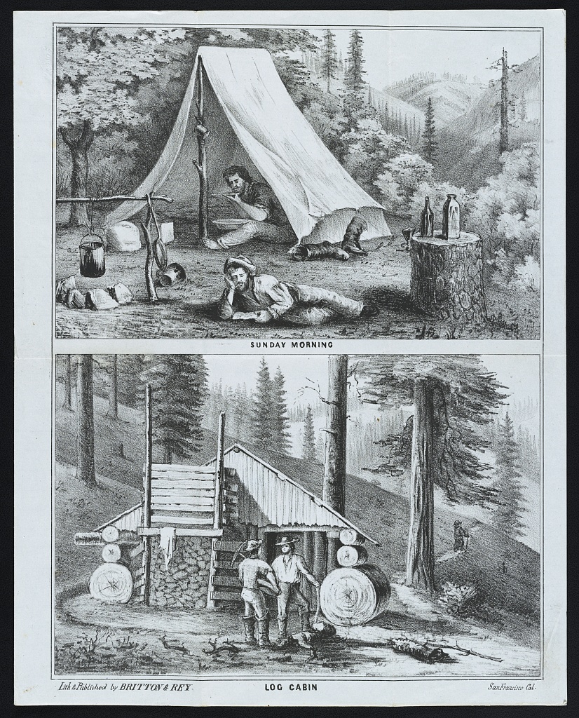 Two pictorial scenes of miners gathering and relaxing around a log cabin
