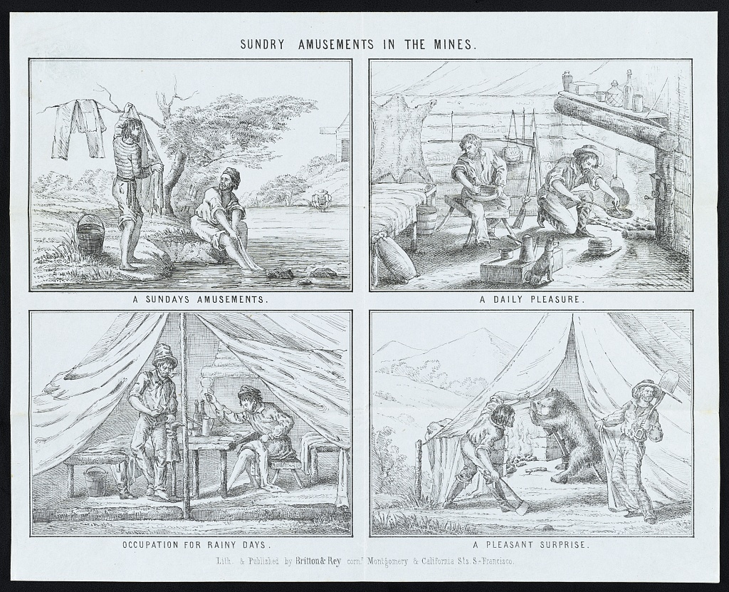 Comic pictorial lettersheet of amusements and mishaps in a mining camp