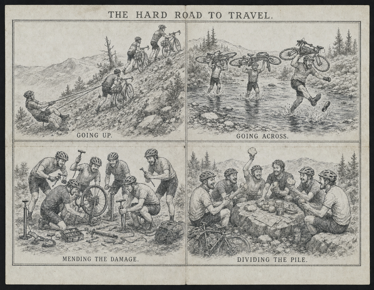 Four lithograph-style scenes of difficult gravel travel