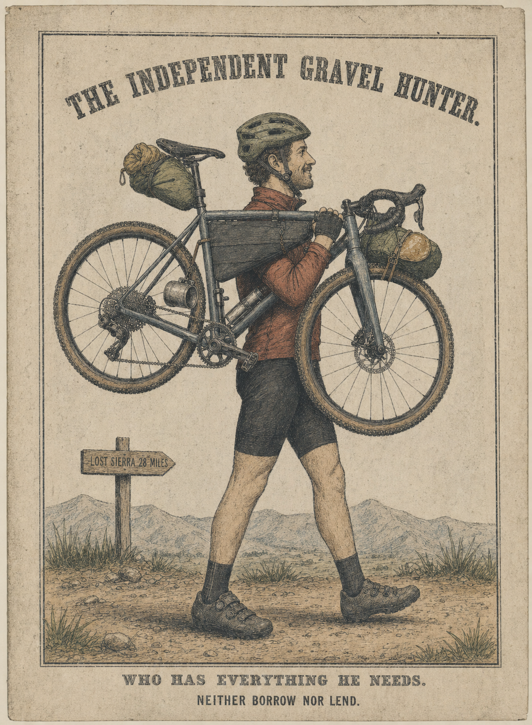 Hand-colored lithograph-style rider carrying a loaded gravel bike