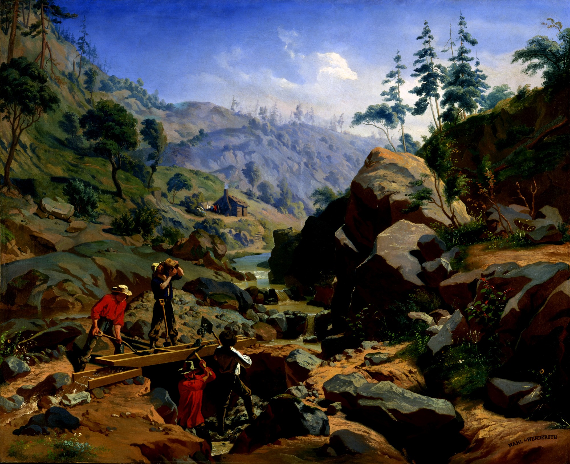 Gold miners working beside a mountain stream in the Sierra