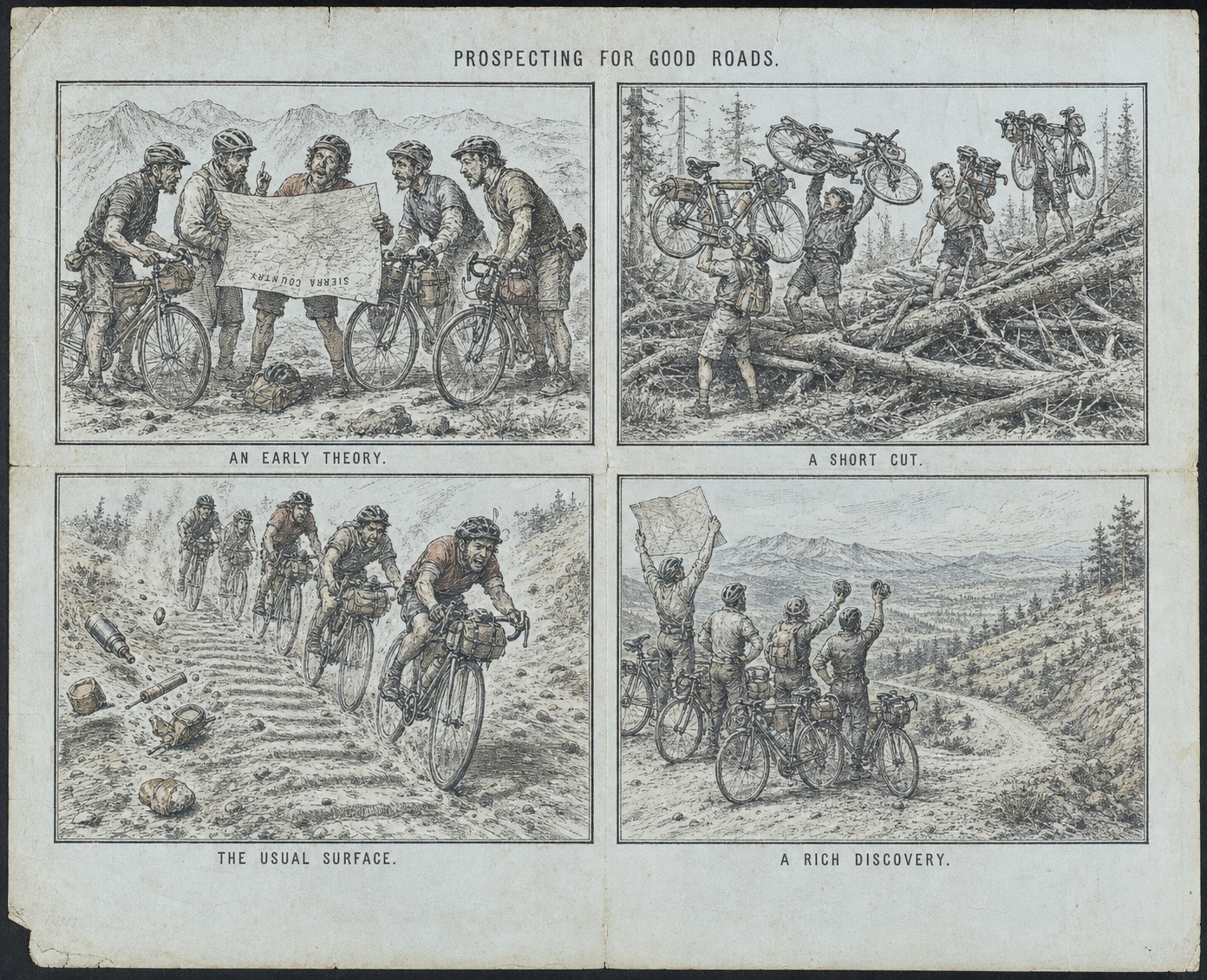 Four lithograph-style scenes of riders searching for good roads